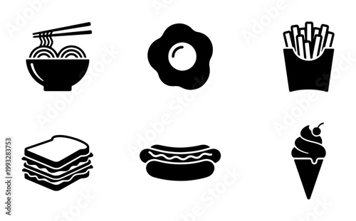Minimalist food icon set, 6 black solid vector symbols of fast food and breakfast, flat restaurant menu graphics for web and print design