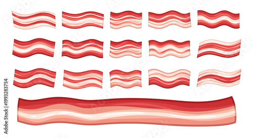Collection of various wavy bacon strips on a white background