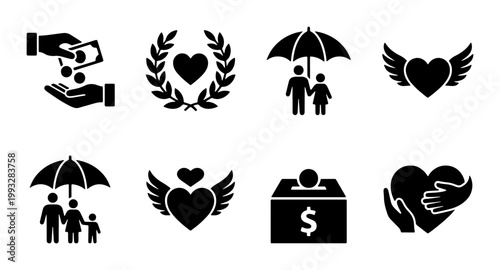 Charity and donation icon set, black silhouette non-profit symbols, 8 vector elements for community support and humanitarian aid projects