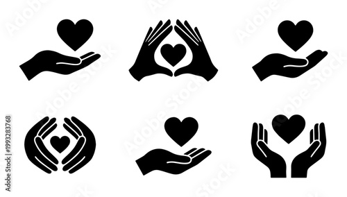 Charity heart and hands icon set, 6 black vector silhouettes of caring hands holding hearts, donation and healthcare symbols for nonprofit organizations