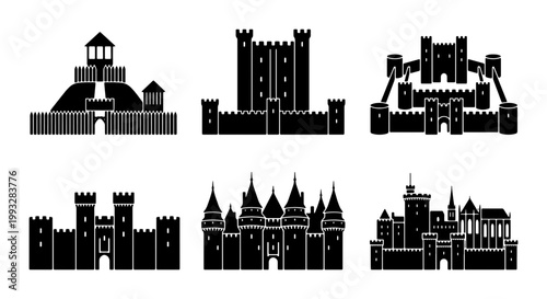 Foto Medieval castle silhouette set, ancient fortress icons with stone towers and bat