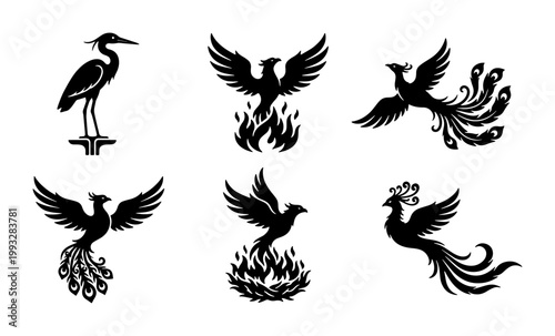 Mythical phoenix bird silhouettes set, black fire bird and heron icons, 6 fantasy creature vector elements for logo design and branding