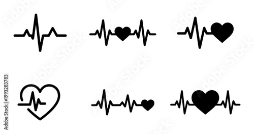Minimalist heartbeat line icons set, medical pulse rate vector symbols, black heart rhythm EKG wave collection for healthcare design