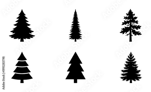 Pine tree silhouette collection, 6 evergreen forest tree vector icons, black coniferous fir and spruce shapes on white background, minimalist nature symbols