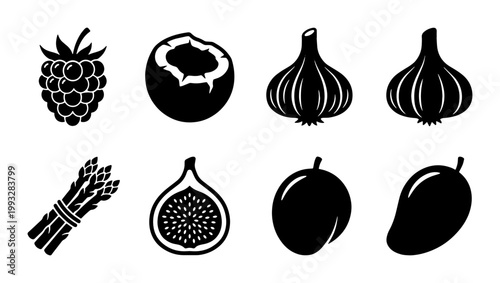 Black fruit and vegetable icons set, minimalist food vector illustrations, 8 organic produce symbols for grocery and menu design