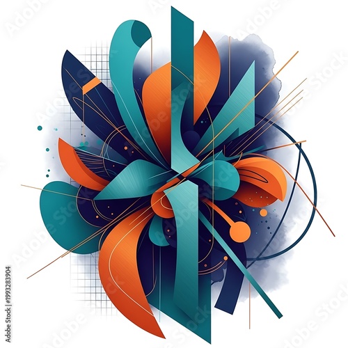 Vibrant abstract composition features swirling organic shapes and sharp geometric lines against a white background