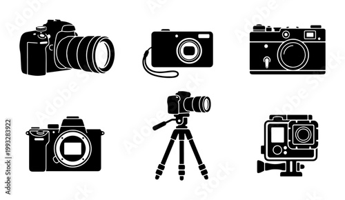 Photography equipment icons set, professional camera silhouettes and tripod vector, digital dslr and action camera collection on white background
