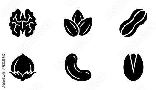 Minimalist nut icon set, black solid vector silhouettes of walnut almond peanut hazelnut cashew and pistachio, healthy organic snack food symbols