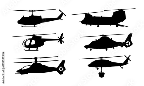 Obraz na płótnie Military helicopter silhouettes set, 6 black vector aircraft icons, transport an