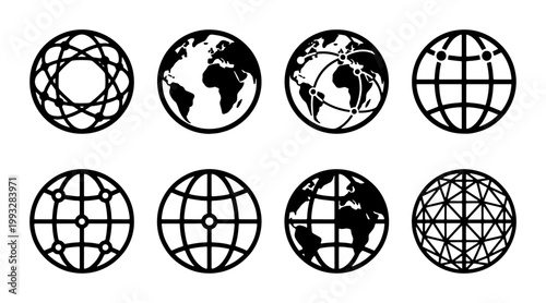 Global network icons set, 8 black earth globe vector symbols, world map and communication grid illustrations for business and technology web design