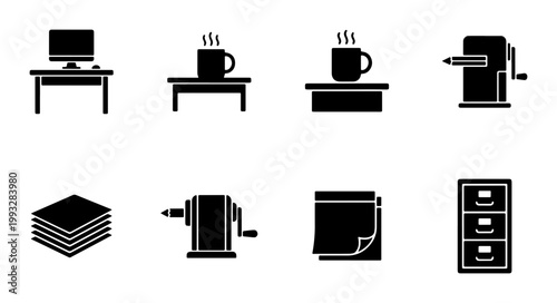 Minimalist office supplies icon set, black silhouette workspace elements, 8 business stationery vector symbols for corporate branding and web design