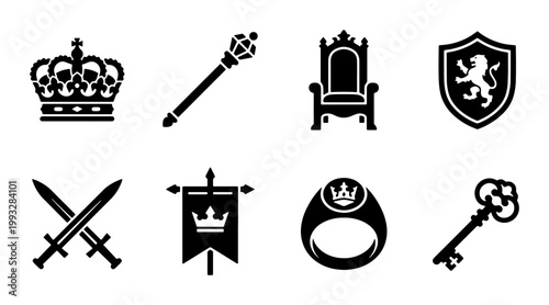 Medieval royal icons set, black kingdom symbols including crown and throne, 8 heraldic vector elements for gaming and history branding
