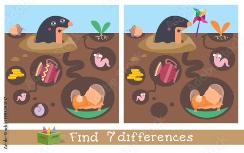Kids educational vector find 7 differences game with cute mole in underground tunnel. Colorful labyrinth scene displays hidden treasures worms and cozy bedroom creating engaging activity for children
