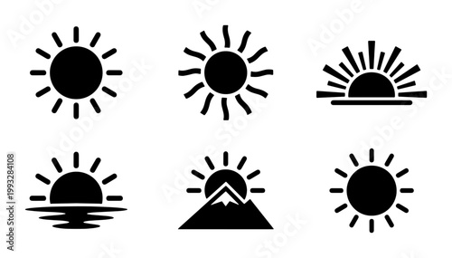 Minimalist sun icon set, black silhouette solar symbols, 6 vector sunburst elements for weather forecasting and summer branding design