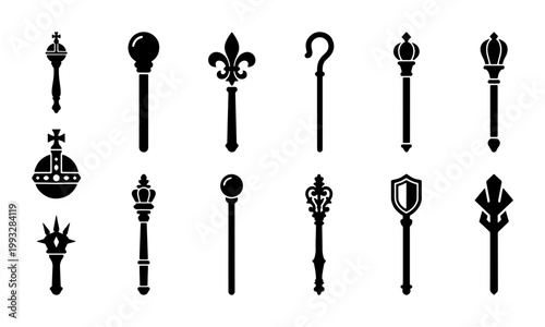 Medieval royal scepter icons set, 12 black silhouette magic wand and staff vectors, monarch authority symbols and fantasy game assets