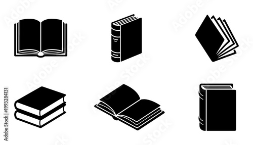 Minimalist book icon set, black and white library symbols, collection of 6 vector book illustrations for education and literature design