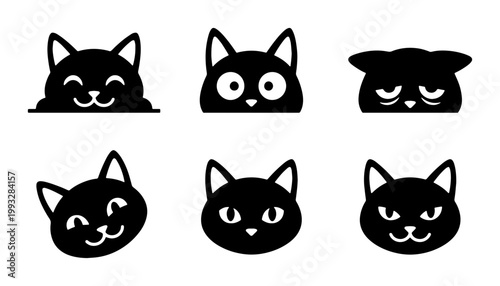 Black cat head icons set, minimalist feline emoji vector collection, cute kitten facial expressions and character avatars for web design