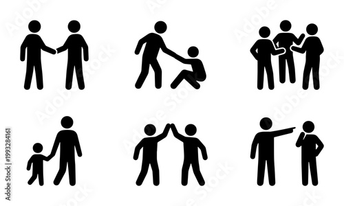 Black stick figure icons set representing human interaction, social behavior pictograms, people communication and teamwork vector symbols