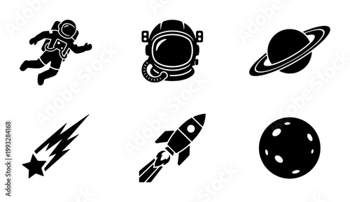 Minimalist outer space icon set, black solid astronaut and rocket ship symbols, 6 galaxy exploration vector elements for science education