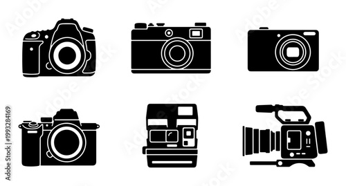 Vintage and modern camera icons set, professional photography equipment silhouettes, 6 black vector camera symbols for graphic design