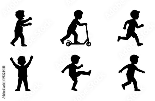 Active boy silhouettes collection, set of 6 children playing vector icons, young kid running jumping and riding scooter, black childhood activity shapes