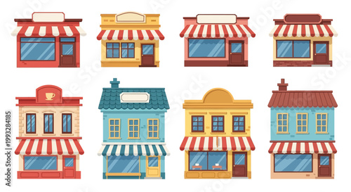 Flat lay illustration of colorful storefronts with awnings on white background