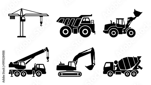 Heavy construction machinery icons set, industrial vehicle silhouettes including excavator and crane, 6 black vector illustrations for building site