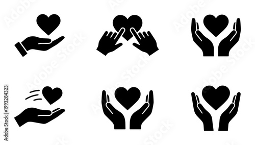 Charity and care icon set, black hands holding heart symbols, 6 vector elements for donation and volunteering, nonprofit social support graphics