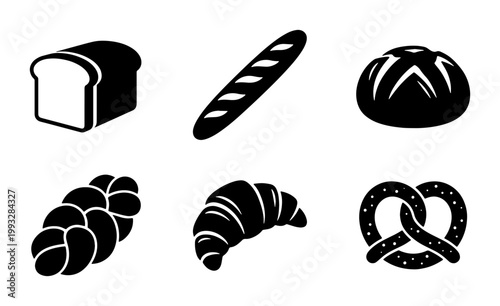 Bakery bread icons set, black silhouette bakery products including baguette and croissant, 6 vector bread elements for cafe menu design