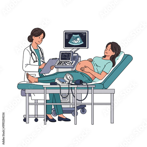 Pregnant woman undergoing medical ultrasound checkup illustration