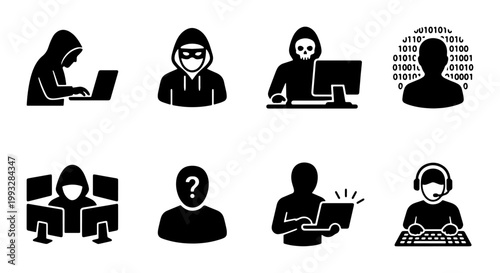 Cybercrime hacker icon set, 8 black vector silhouettes of anonymous criminals, computer security breach and data theft symbols for web design