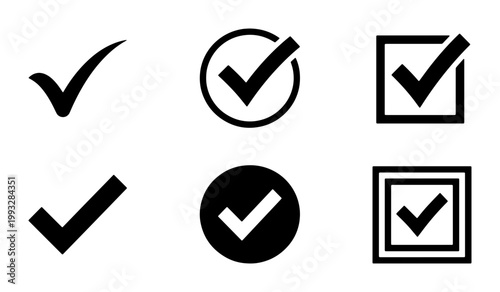 Black check mark icon set, minimalist tick symbols in circle and square frames, 6 vector elements for approval and confirmation interface design