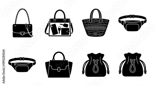 Fashion handbag icon set, black silhouette women bags and purses collection, 8 vector illustrations of shoulder bags, waist packs and pouches