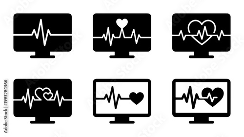 Medical heart rate monitor icons, set of 6 heartbeat pulse vector symbols on screens, black and white electrocardiogram EKG graphics for healthcare apps