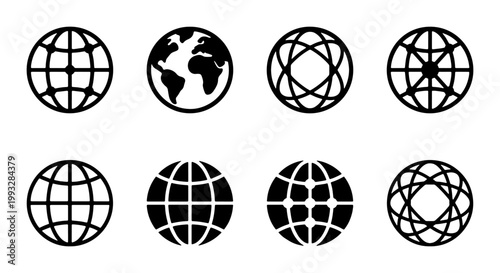 Minimalist globe icon set, 8 black world map vector symbols, global communication and logistics web elements, earth sphere grid signs for business