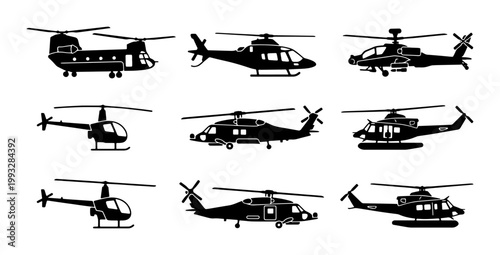 Helicopter silhouette vector set, 9 military and civilian aircraft icons, black chopper aviation symbols for transport and defense infographics