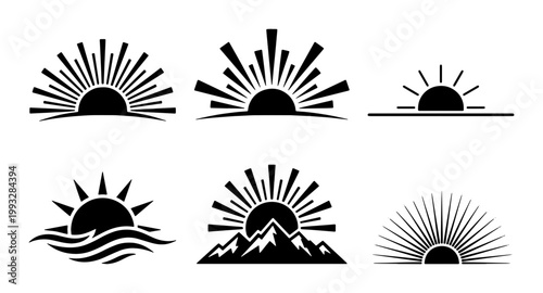 Foto Minimalist sunburst icons set, black sunrise and sunset vector silhouettes, 6 ri
