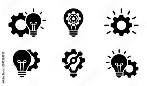 Innovation and creative thinking icons, set of 6 light bulb and gear vector symbols, business solution and engineering process glyphs