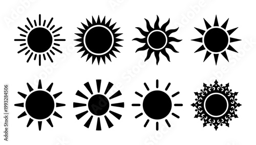 Minimalist sun icons set, black solar symbols collection, 8 vector sunburst silhouettes, weather and summer heat graphic elements for logo design