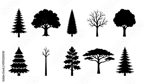 Black tree silhouettes collection, set of 10 forest plant vector icons, minimalist pine and oak tree shapes for landscape design and nature graphics