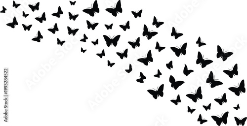 A graceful swarm of black butterfly silhouettes flying in an elegant curved pattern on a pristine white surface