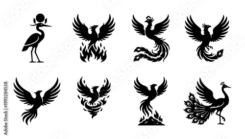 Mythical phoenix bird silhouettes set, 8 black firebird vector icons, ancient egyptian bennu and peacock symbols for logo design and branding
