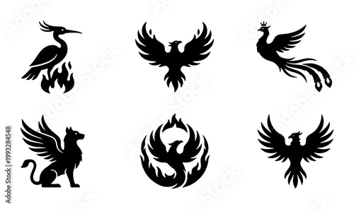Mythical phoenix bird silhouettes, set of 6 legendary fire bird icons, black griffin and peacock heraldic symbols, fantasy creature vector graphics