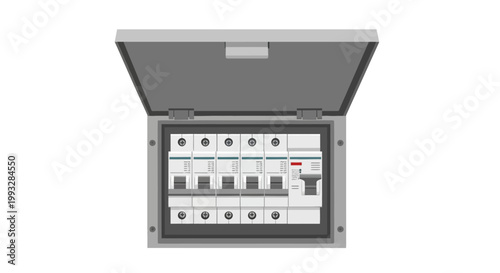 Open electrical panel box with switches and sockets on a white background