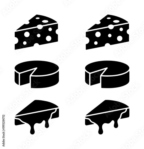 Minimalist cheese icon set, black solid vector silhouettes of swiss cheese wedges and brie wheels, dairy product symbols for restaurant menus