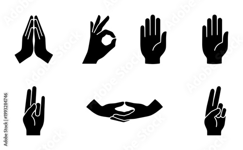 Spiritual mudra hand gestures set, black silhouette yoga hand positions for meditation, 7 sacred healing hand icons for wellness and mindfulness