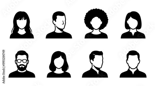Minimalist avatar icons set, diverse people profile silhouettes, 8 black and white vector user headshots for social media and web interface