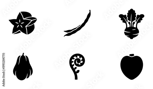 Minimalist black vegetable icons set, flat vector organic food symbols, 6 solid glyph elements including starfruit and kohlrabi for grocery apps