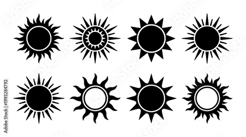 Black sun icons set, 8 celestial sunburst vector elements, tribal sun silhouettes for logo design, minimalist solar symbols on white background