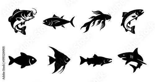 Cuadro en lienzo Black fish silhouettes collection, set of 8 aquatic animal icons, minimalist sea